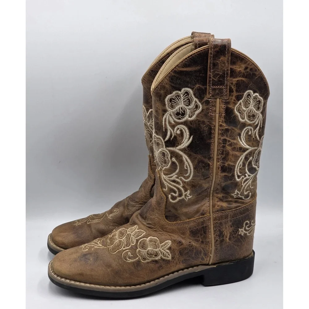 Shyanne Girls Brown Distressed Leather Floral Embroidered Cowboy Boots Size 3 D